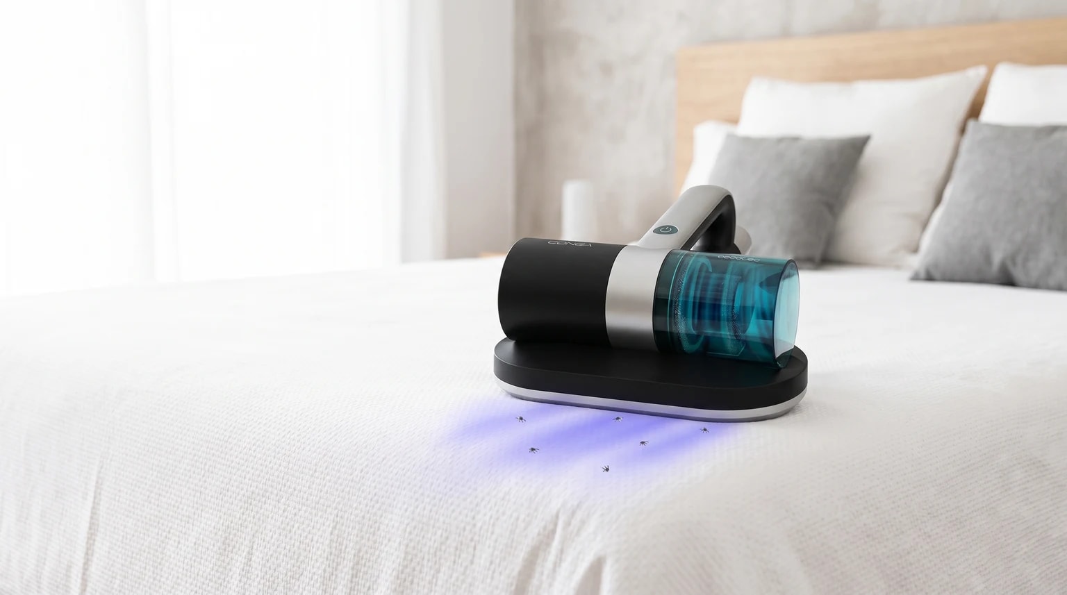 Aspirador de colchões Cecotec Conga Rockstar 3000 sobre um colchão num quarto luminoso.