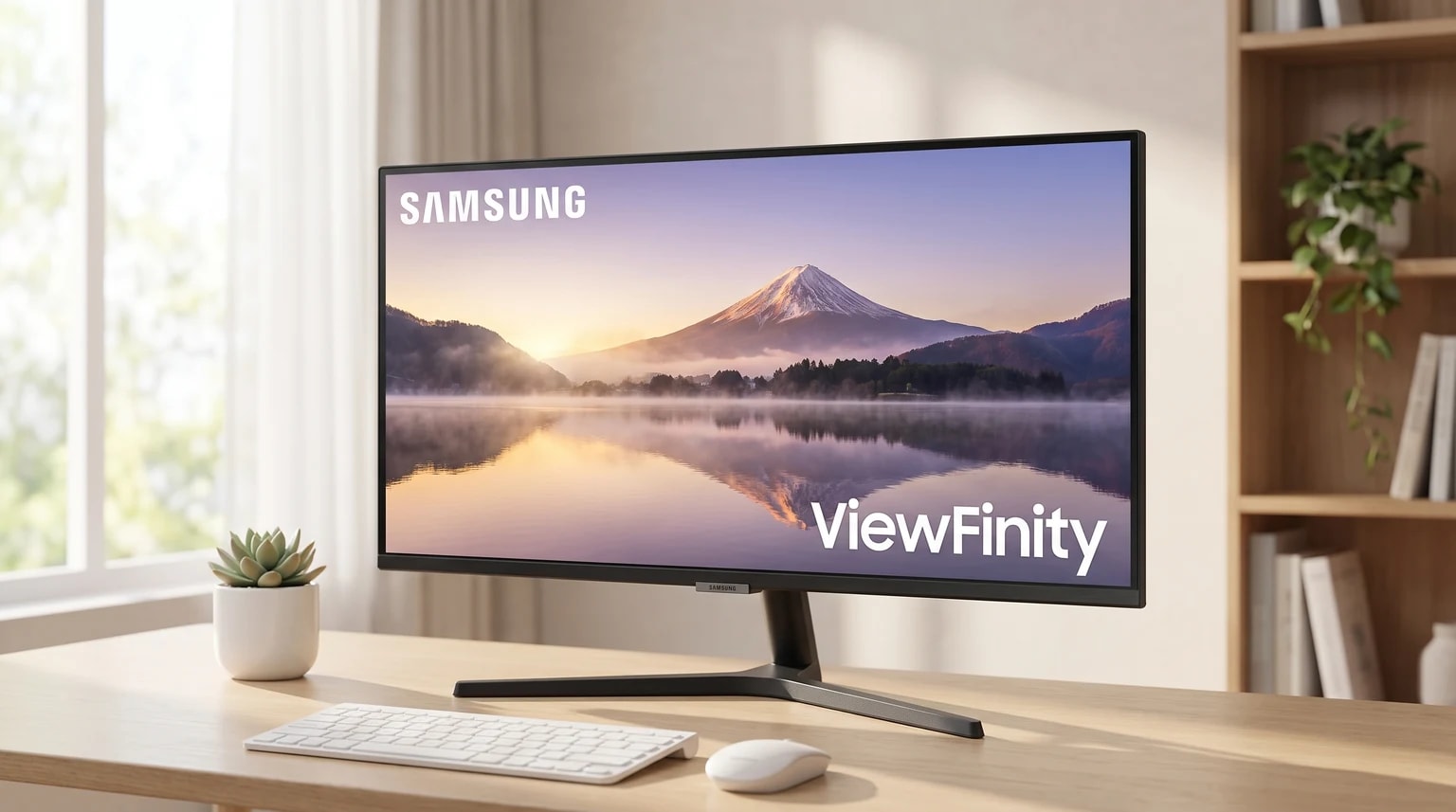 Monitor ultrawide Samsung ViewFinity numa secretária de madeira clara, com uma paisagem de montanha no ecrã.