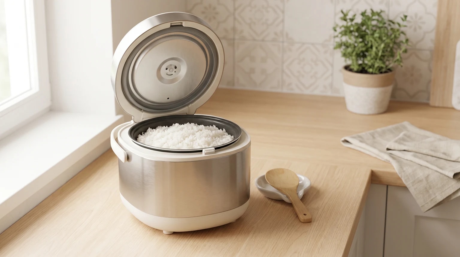 Arrozeira elétrica prateada, com a tampa aberta e arroz branco cozido, sobre uma bancada de cozinha em madeira clara.