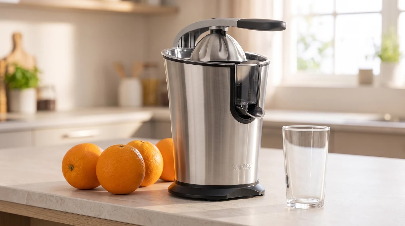 Um espremedor de citrinos elétrico em aço inoxidável numa bancada de cozinha, ao lado de várias laranjas e um copo de vidro vazio.
