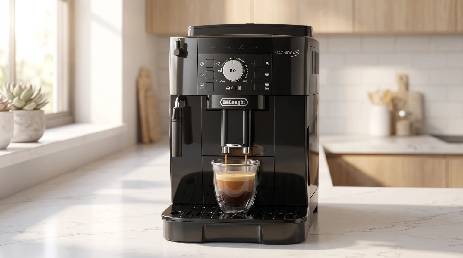 Máquina de café automática De'Longhi preta a preparar um expresso para um copo de vidro, sobre uma bancada de cozinha moderna.
