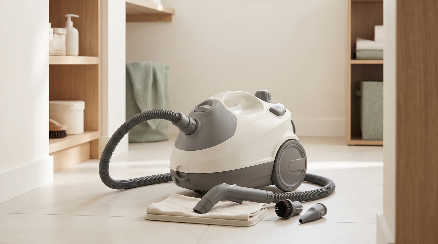Uma máquina de limpeza a vapor de cor creme e cinza, com vários acessórios, pousada no chão de mosaico de uma arrecadação.