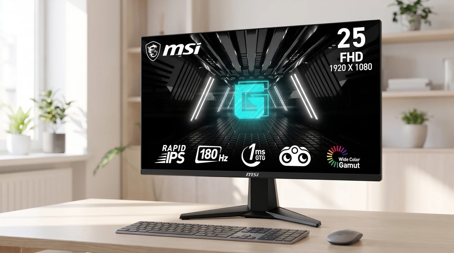 Um monitor de gaming MSI preto numa secretária de madeira clara, com o ecrã a exibir as suas especificações. Um teclado e um rato estão à sua frente.
