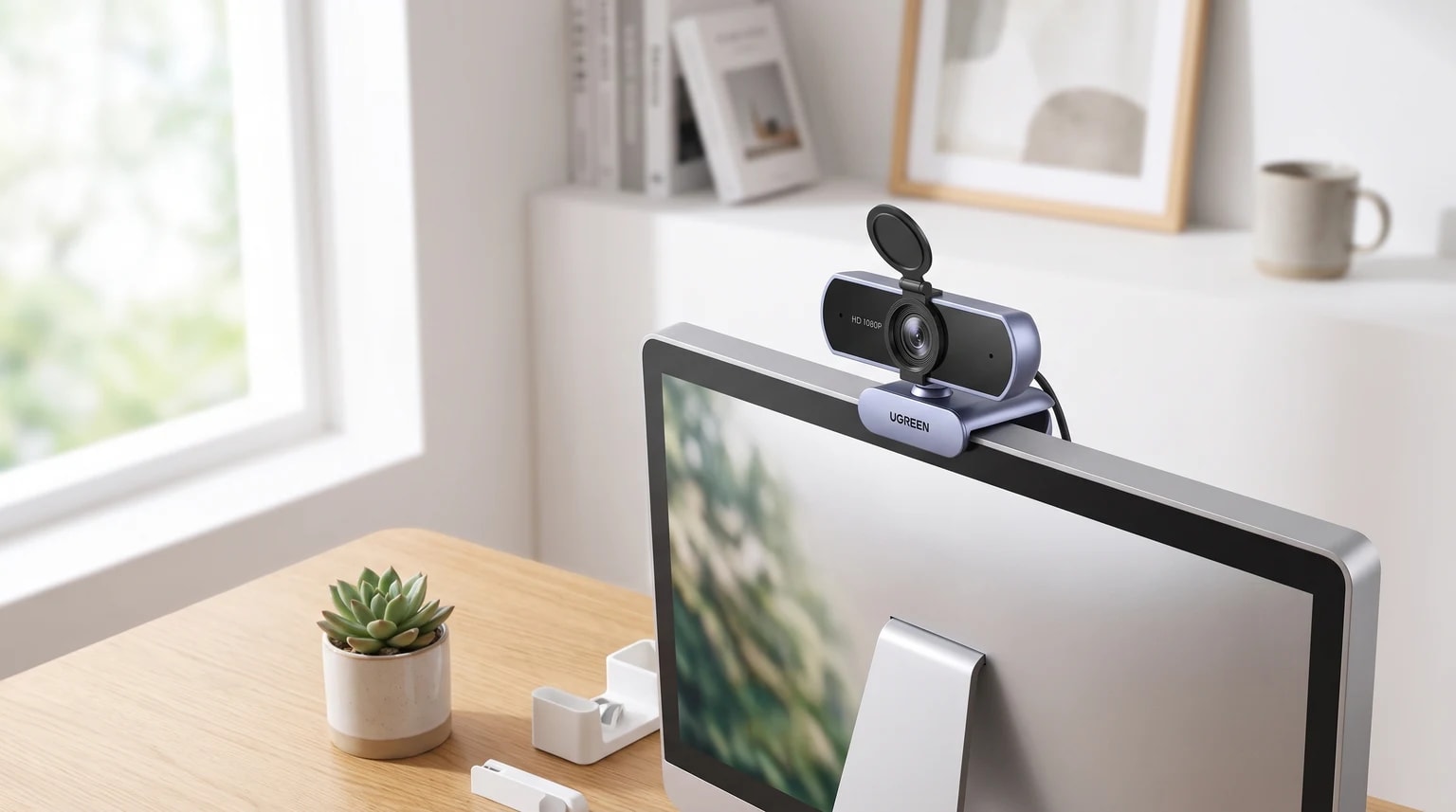 Uma webcam UGREEN montada no topo de um monitor de computador, numa secretária de madeira com uma pequena planta ao lado.