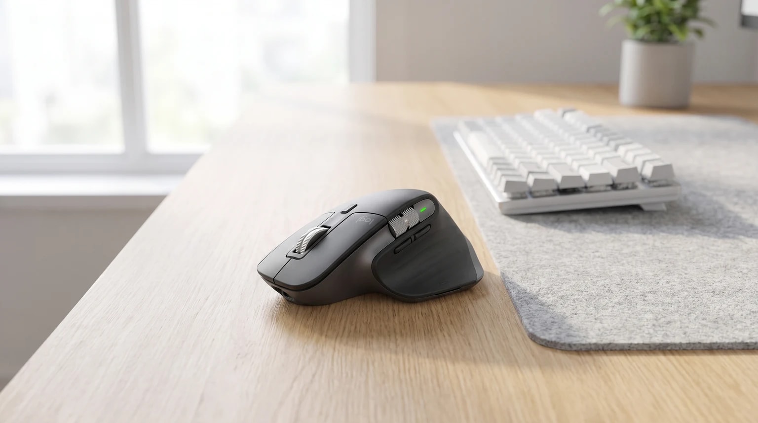 Um rato ergonómico sem fios cinzento-escuro pousado numa secretária de madeira clara, com um teclado branco e um tapete de rato de feltro ao fundo.