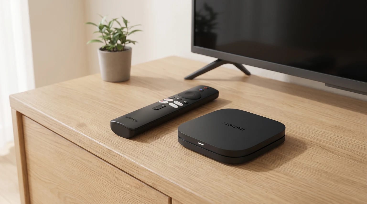 A Xiaomi TV Box S preta e o comando sobre um móvel de madeira clara, diante de uma televisão desligada.