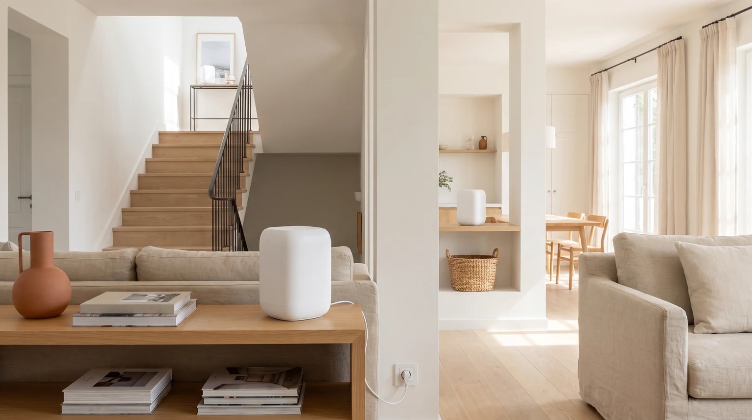 Três unidades brancas de um sistema mesh Wi-Fi distribuídas por diferentes áreas de uma casa luminosa.