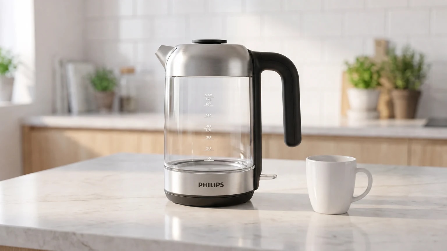 Chaleira elétrica Philips HD9339/80 de vidro e inox numa bancada clara, ao lado de uma caneca branca.