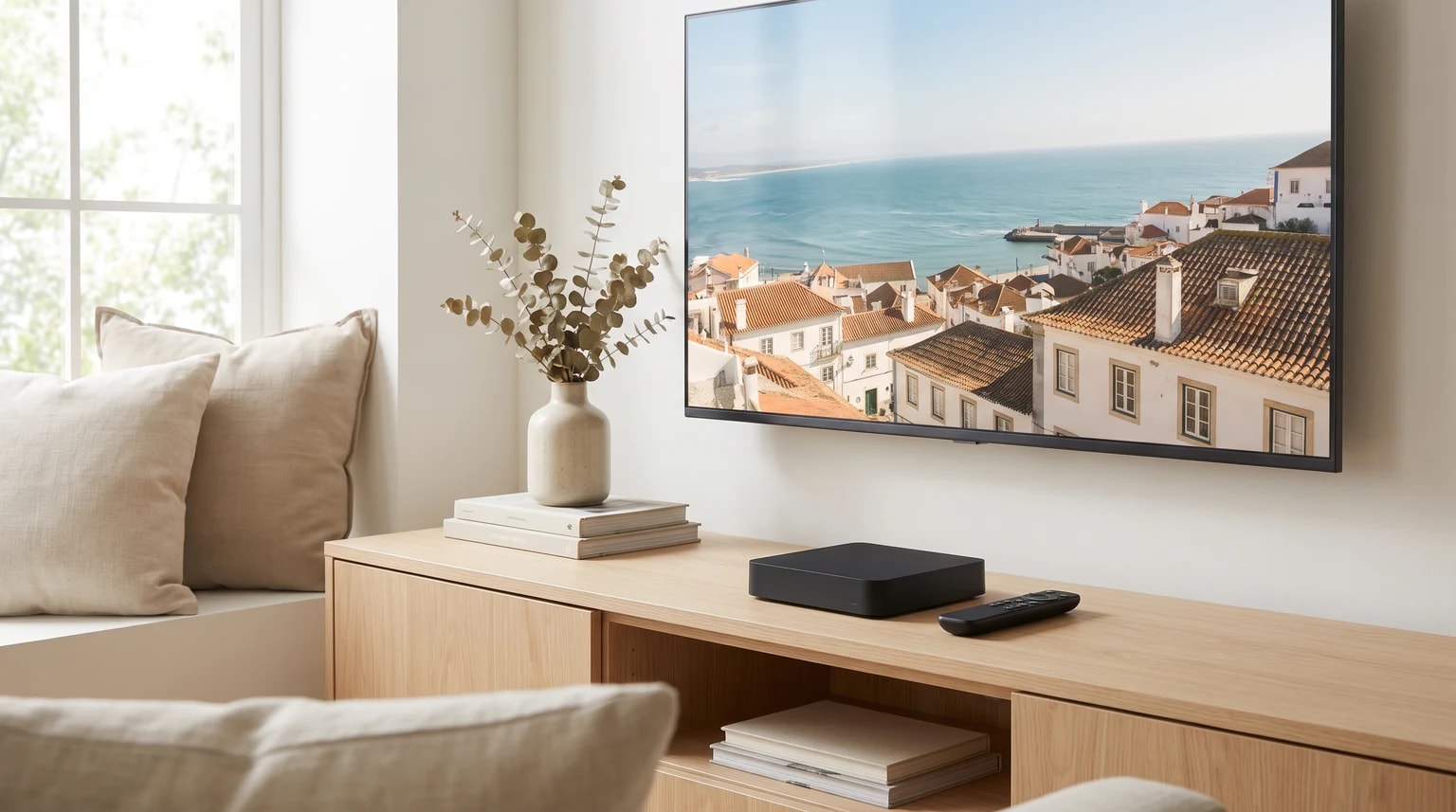 Uma box de TV preta e um comando sobre um móvel de madeira clara, por baixo de uma televisão que exibe uma paisagem costeira.