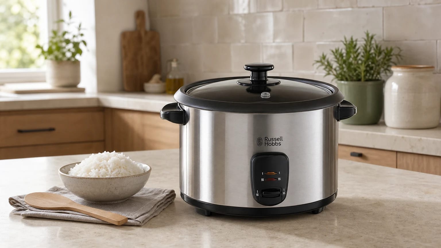 Arrozeira elétrica Russell Hobbs em aço inoxidável numa bancada de pedra, ao lado de uma taça de arroz cozido e uma espátula de madeira.