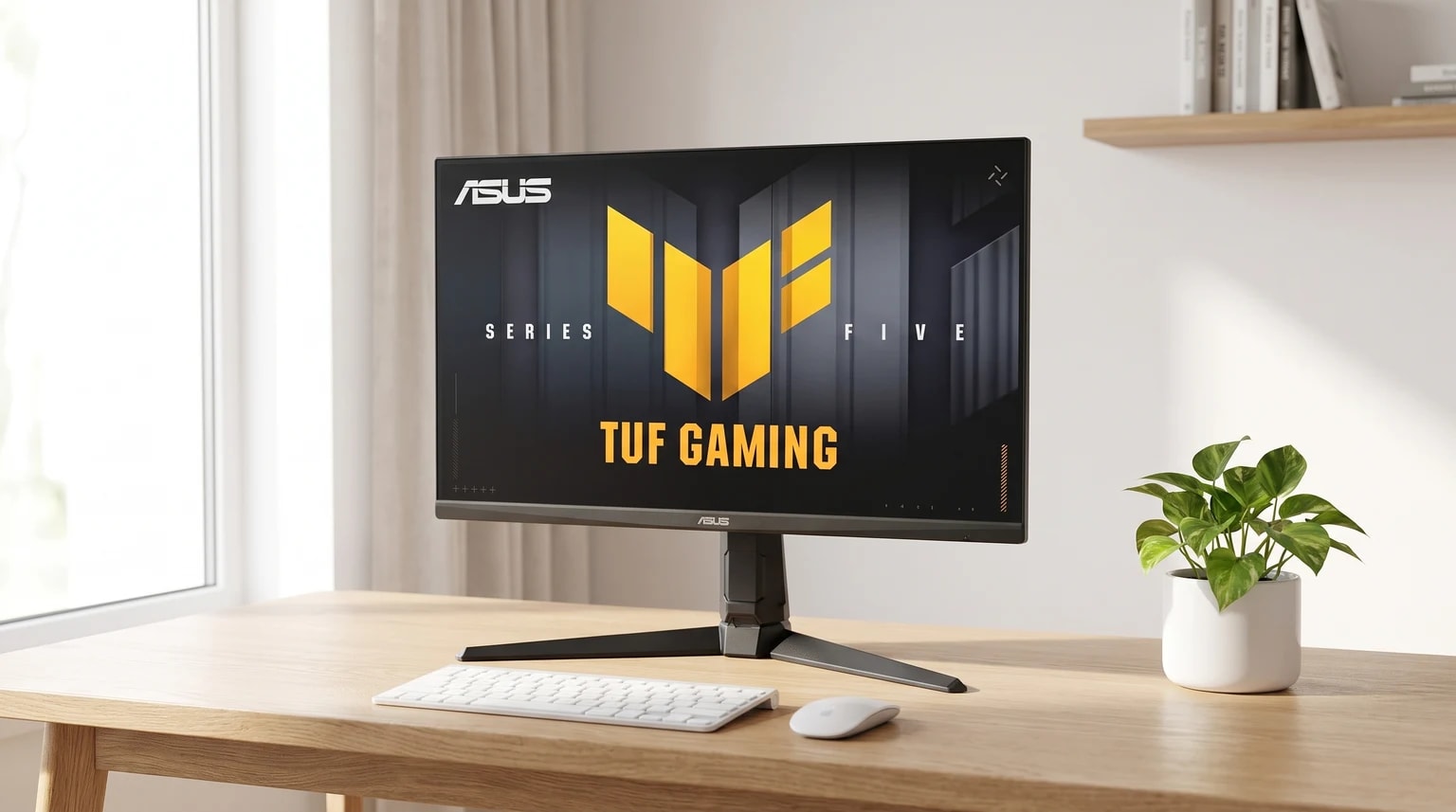 O monitor de gaming ASUS TUF numa secretária de madeira, ao lado de um teclado, um rato e uma pequena planta num vaso branco.
