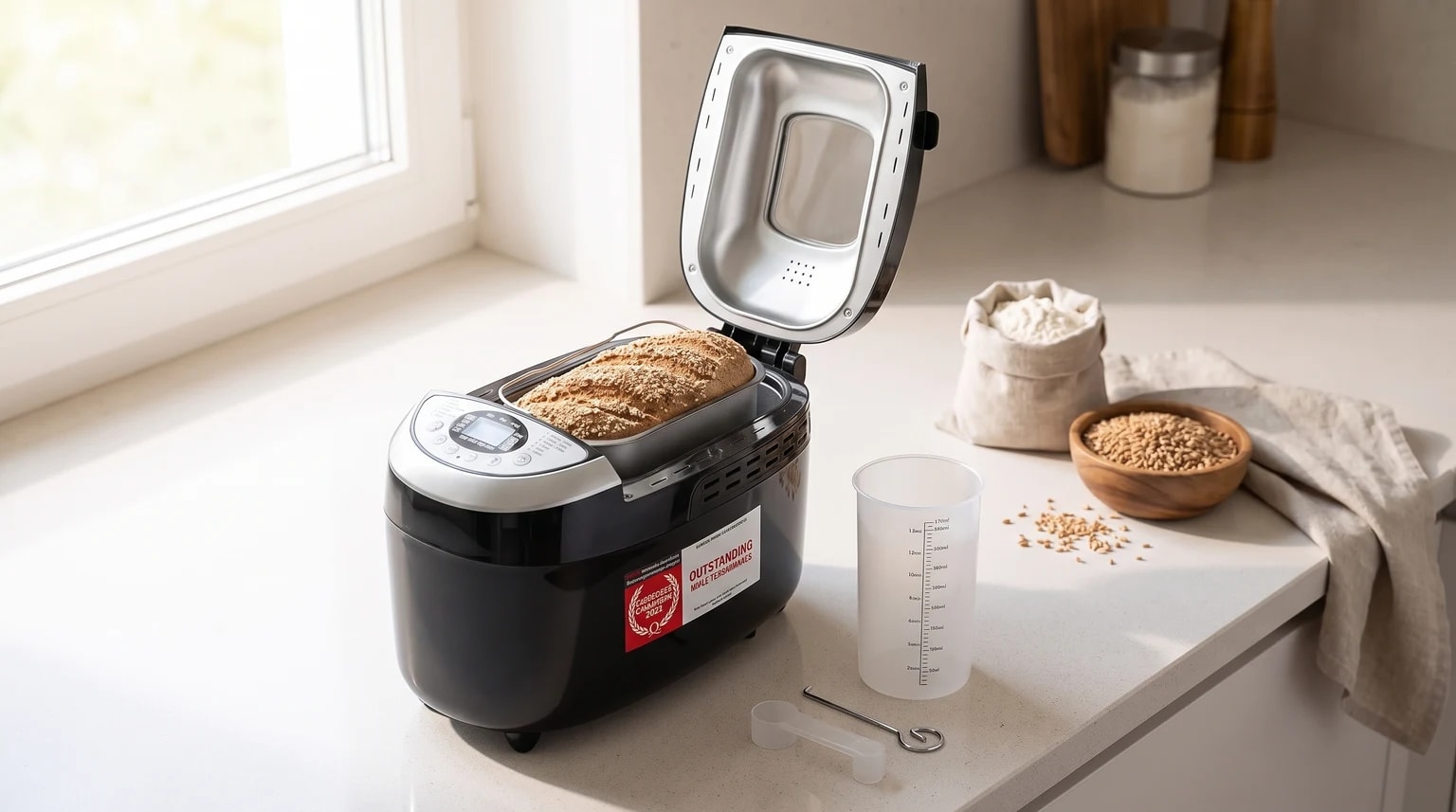 Uma máquina de pão preta numa bancada de cozinha com a tampa aberta, revelando um pão acabado de cozer no interior.