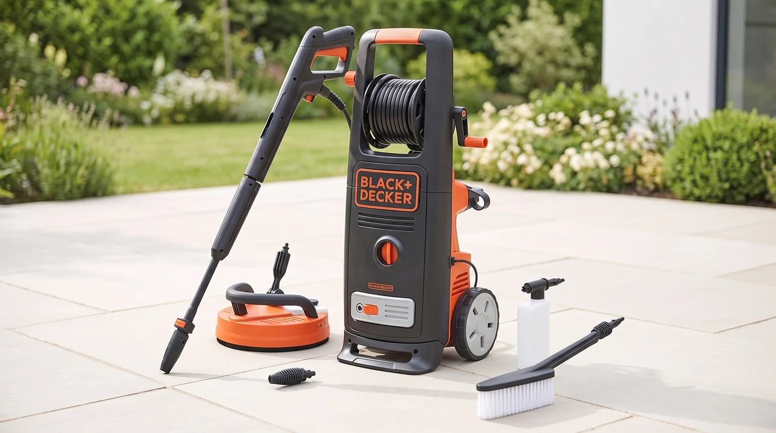 Uma lavadora de alta pressão Black+Decker preta e laranja, com os seus vários acessórios, como uma escova e um limpa-pátios, num terraço de pedra.