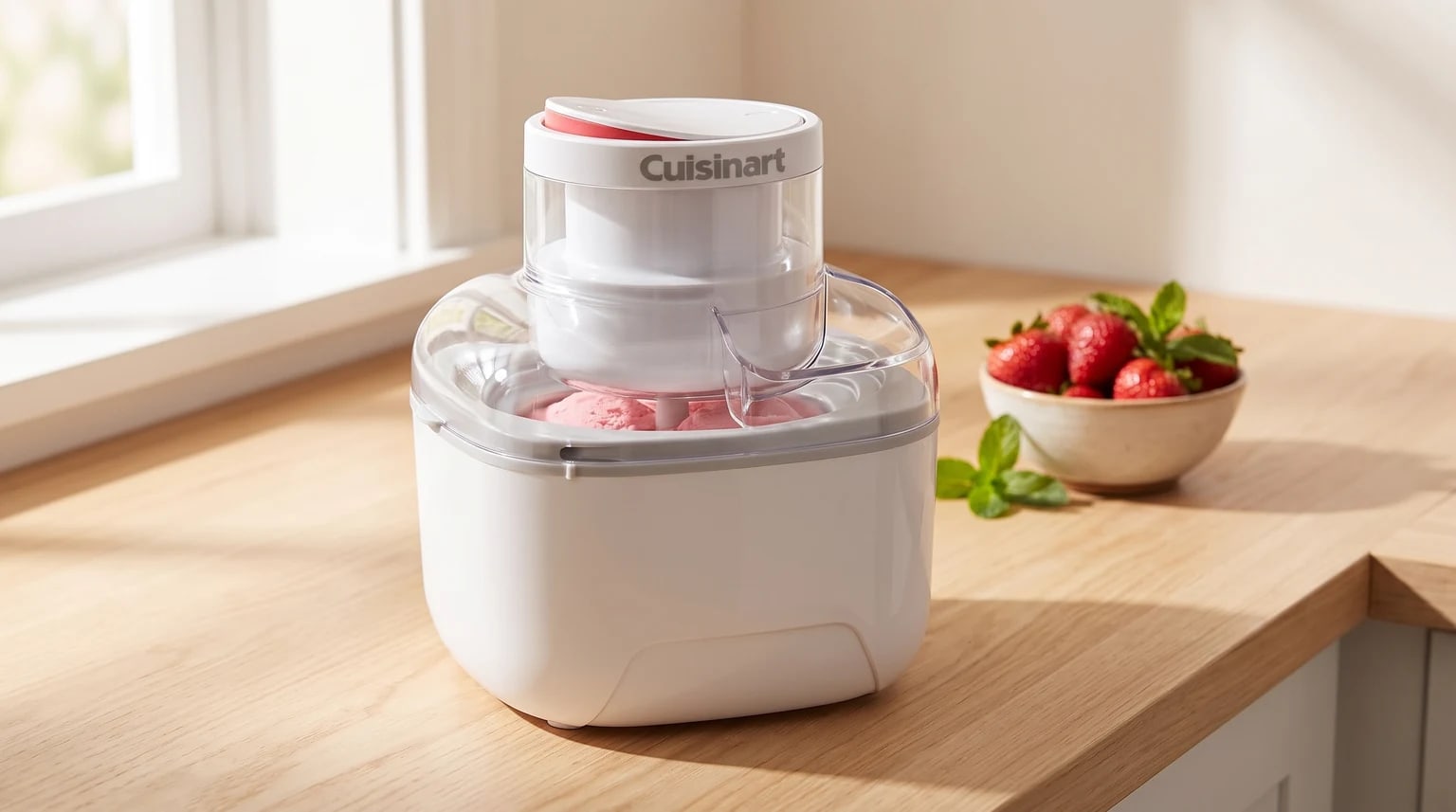 Uma máquina de fazer gelados Cuisinart branca sobre uma bancada de madeira, a preparar um gelado cor-de-rosa. Ao lado, uma taça com morangos e hortelã.
