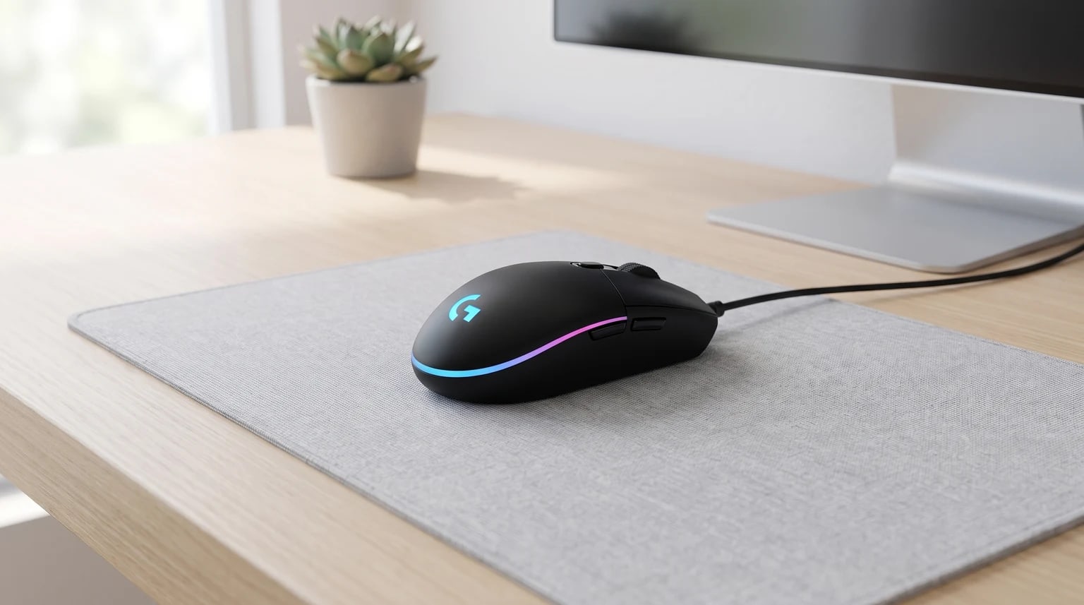 Um rato de gaming preto com iluminação RGB está pousado sobre um tapete de rato cinzento numa secretária de madeira clara.