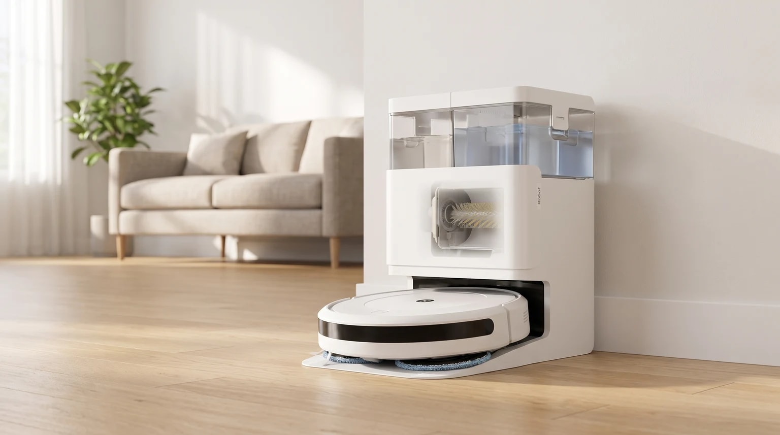 Aspirador robot e mopa iRobot Roomba Plus 405 Combo branco na estação de autolimpeza, com os depósitos de água e a escova da base visíveis.