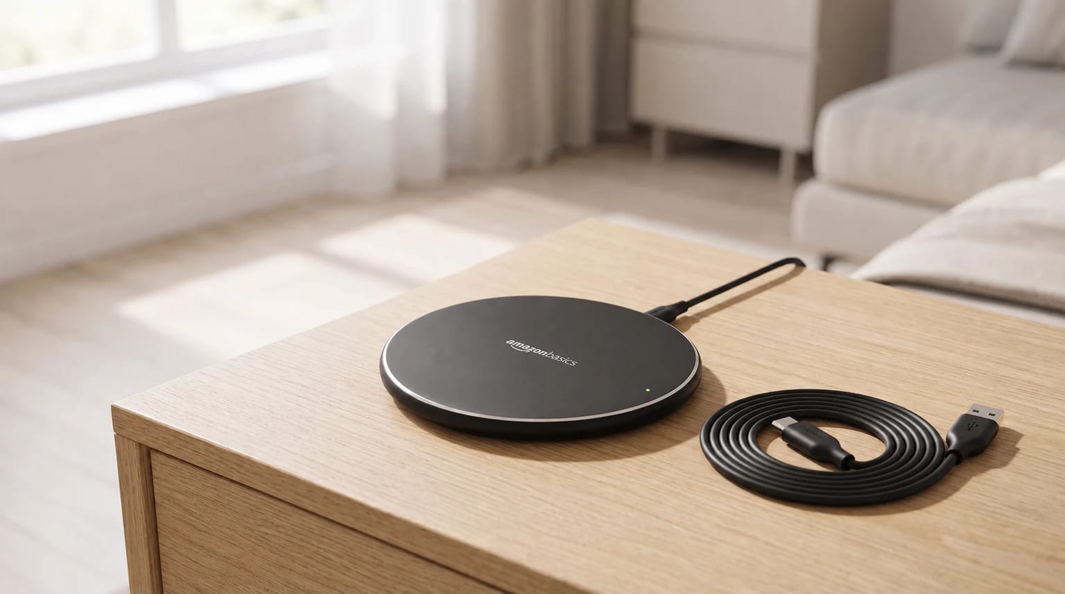 Base de carregamento sem fios preta da Amazon Basics sobre uma mesa de madeira clara.