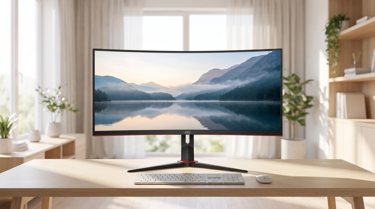 Monitor ultrawide curvo AOC numa secretária de madeira clara, com uma paisagem de lago e montanhas no ecrã.