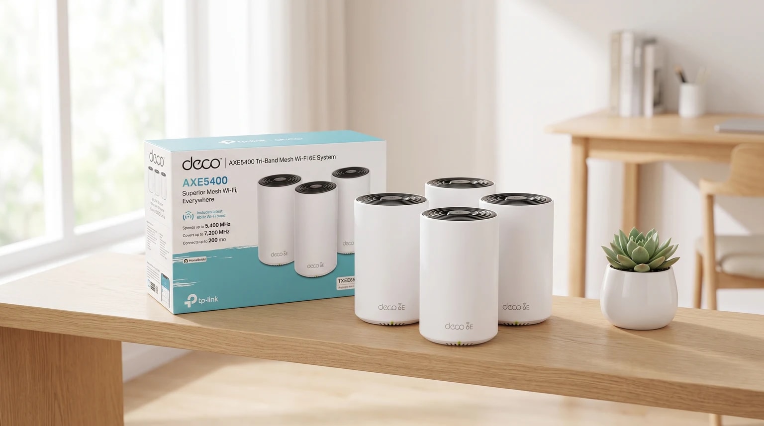 Quatro unidades brancas do sistema mesh Wi-Fi Deco AXE5400 pousadas numa mesa de madeira, ao lado da caixa do produto e de uma pequena suculenta.