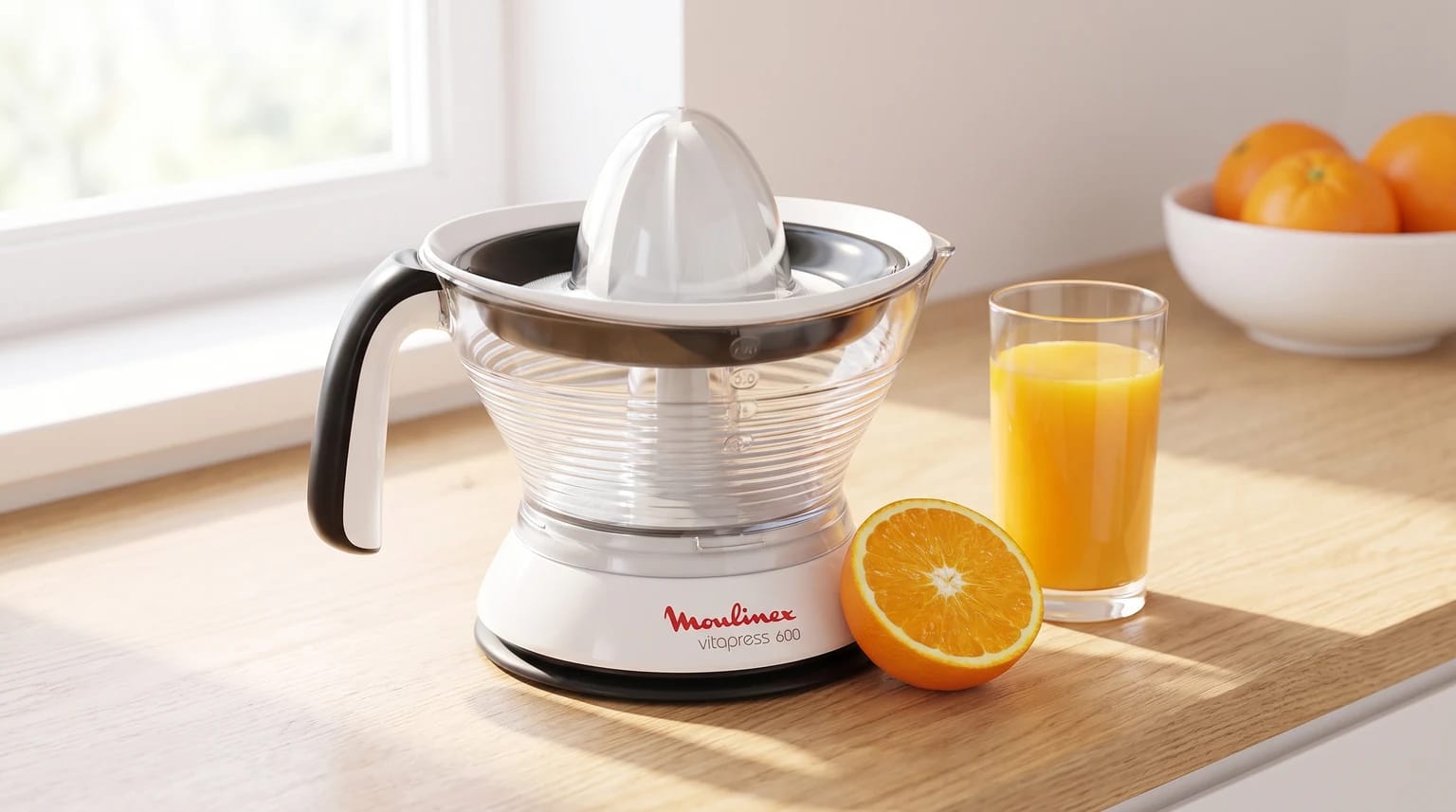 Um espremedor elétrico de citrinos Moulinex numa bancada de madeira, ao lado de um copo de sumo de laranja e de uma laranja cortada ao meio.