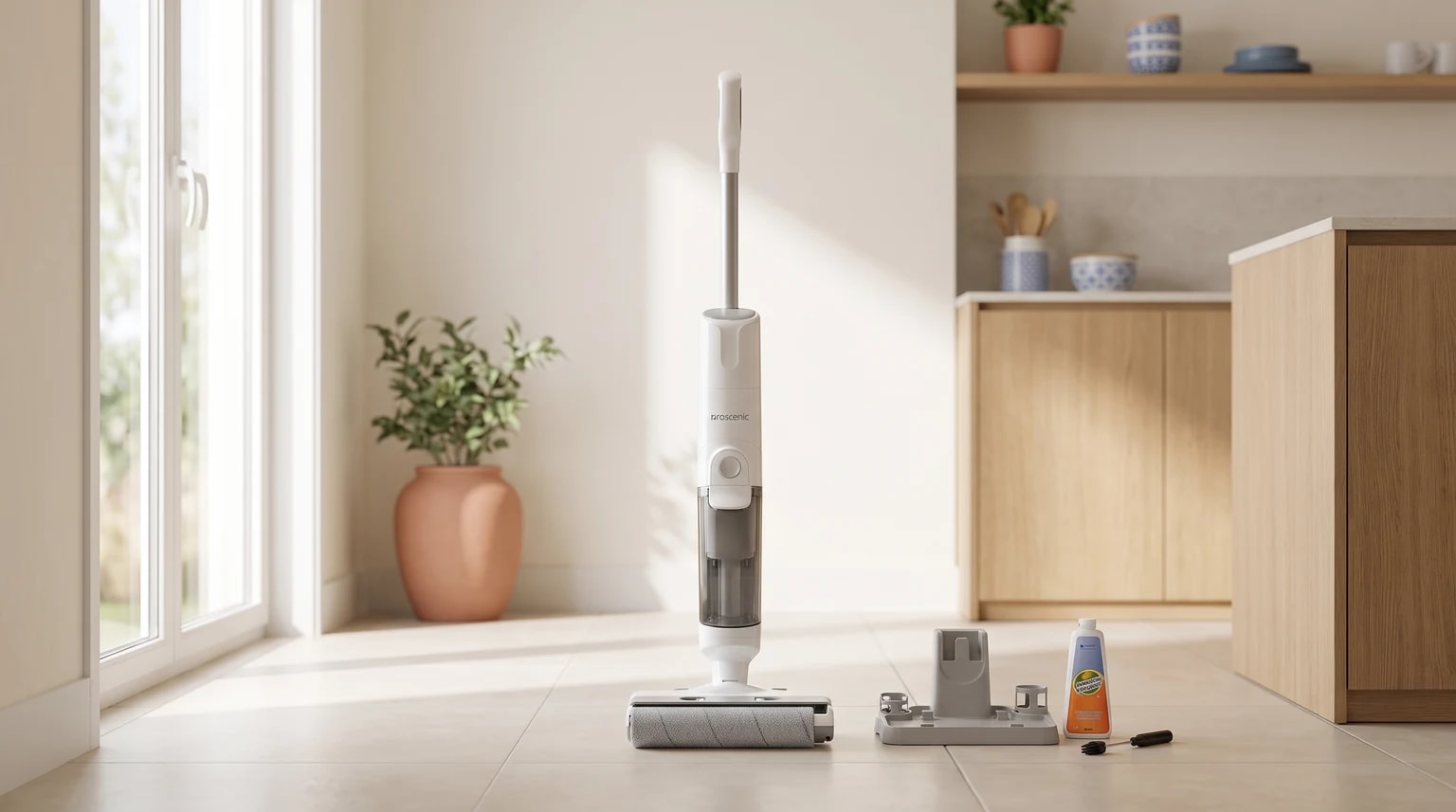 Aspirador Proscenic F10 Ultra branco e cinzento, com base e acessórios, num pavimento de cerâmica claro.