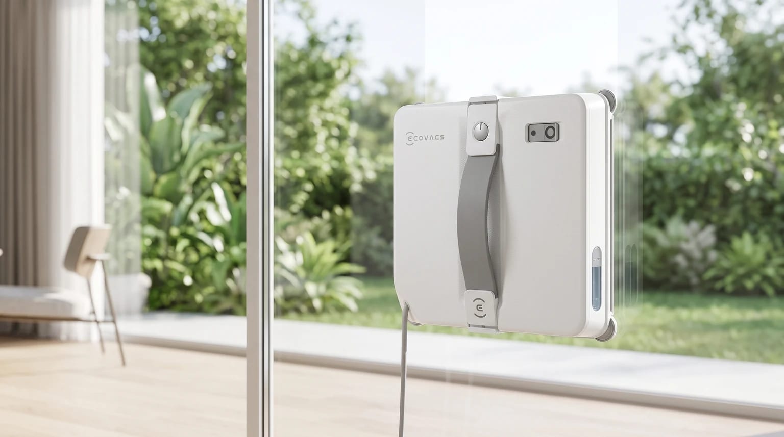 Robot limpa-vidros ECOVACS WINBOT Mini 2 preso a uma janela ampla, com vista para um jardim.
