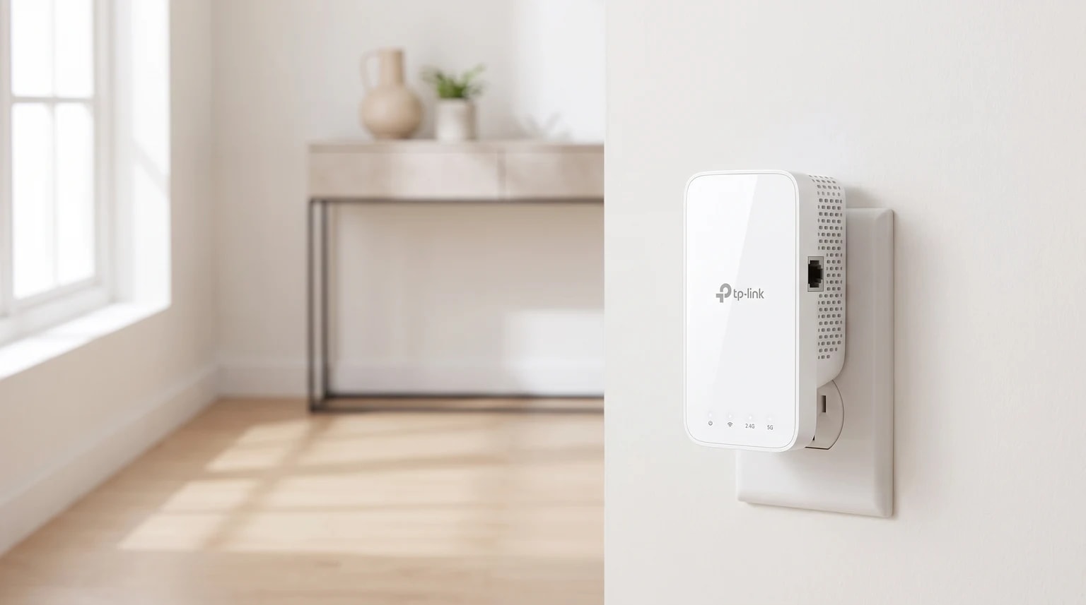 Um repetidor Wi-Fi branco da TP-Link ligado a uma tomada de parede, com uma sala luminosa e desfocada em segundo plano.