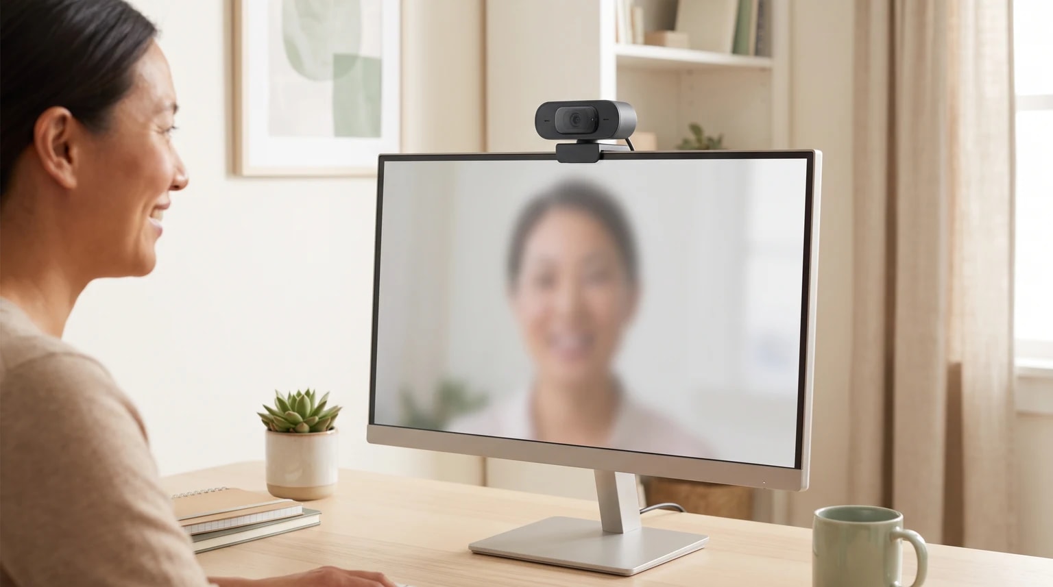 Uma mulher sentada a uma secretária participa numa videochamada com uma webcam preta colocada sobre o monitor.