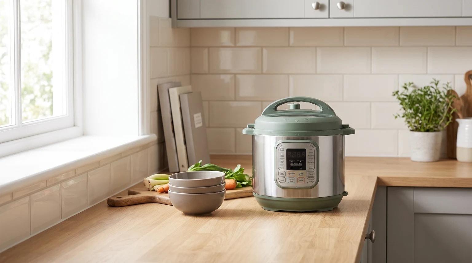 Uma panela de pressão elétrica de aço inoxidável e verde-claro numa bancada de cozinha de madeira, ao lado de uma tábua de cortar com legumes e umas tigelas.