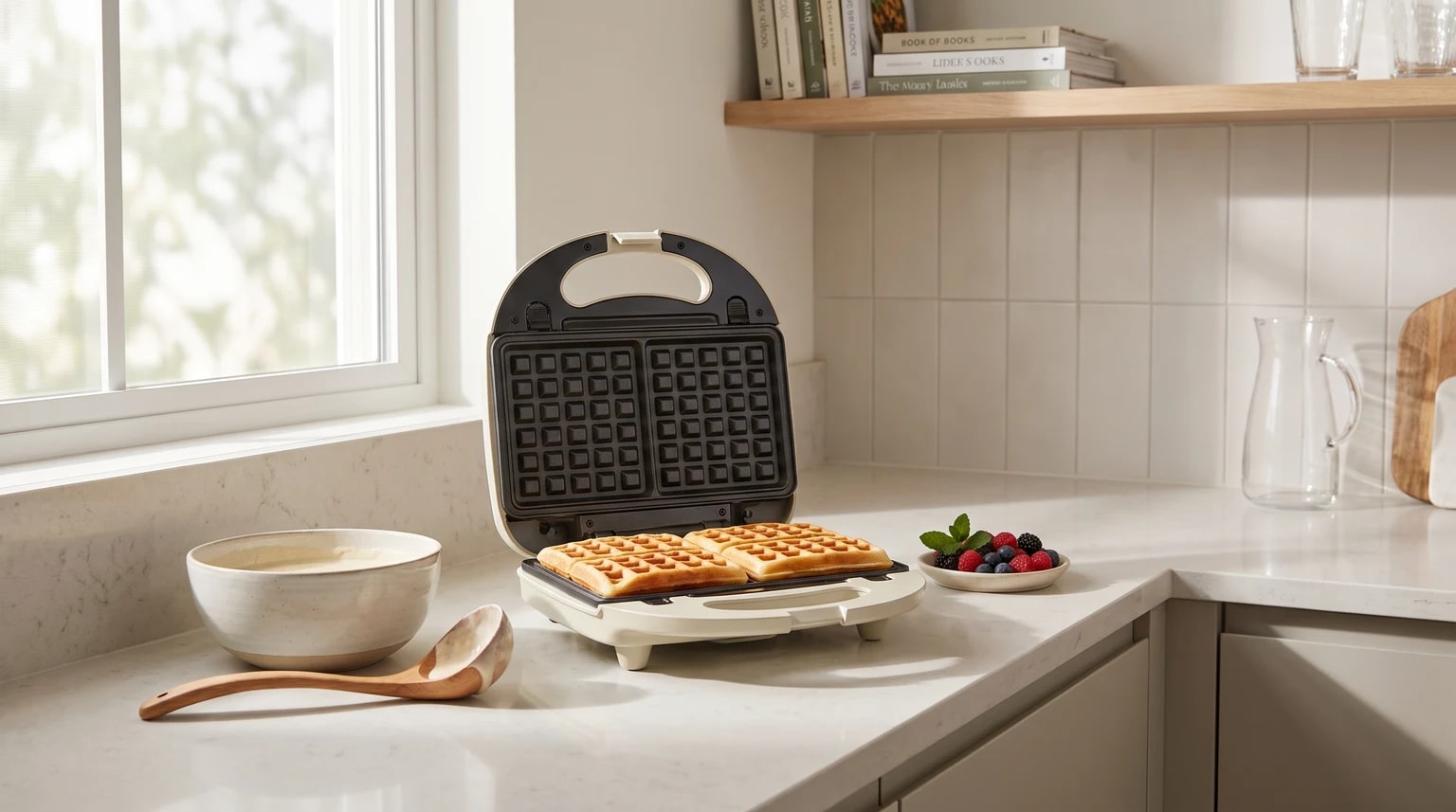 Máquina de fazer waffles aberta, com waffles dourados, numa bancada de cozinha junto a uma taça com massa e frutos vermelhos.