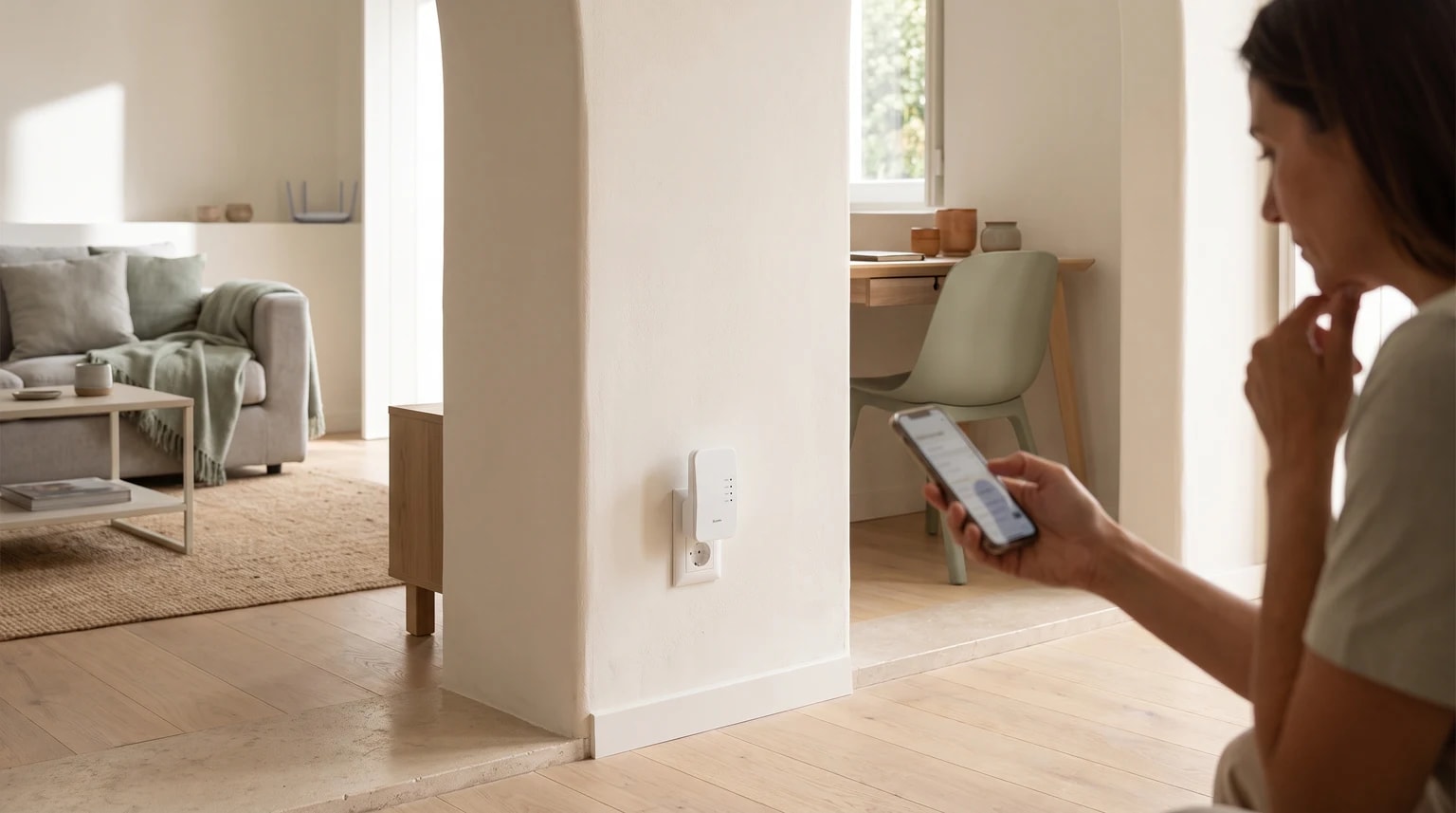 Uma mulher olha para o seu telemóvel perto de um repetidor de Wi-Fi ligado a uma tomada de parede, com uma sala de estar e uma secretária ao fundo.