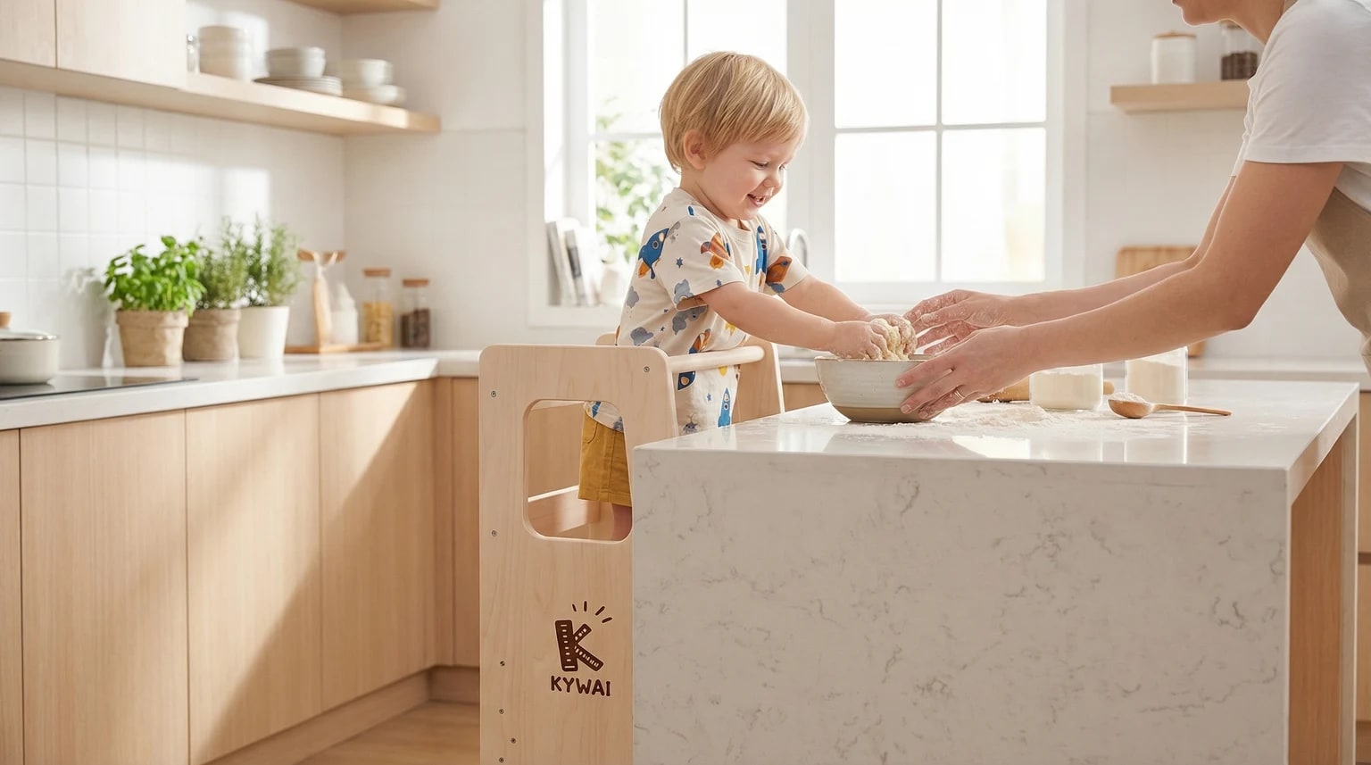 Criança numa torre de aprendizagem de madeira KYWAI, a amassar massa com ajuda de um adulto numa cozinha luminosa.