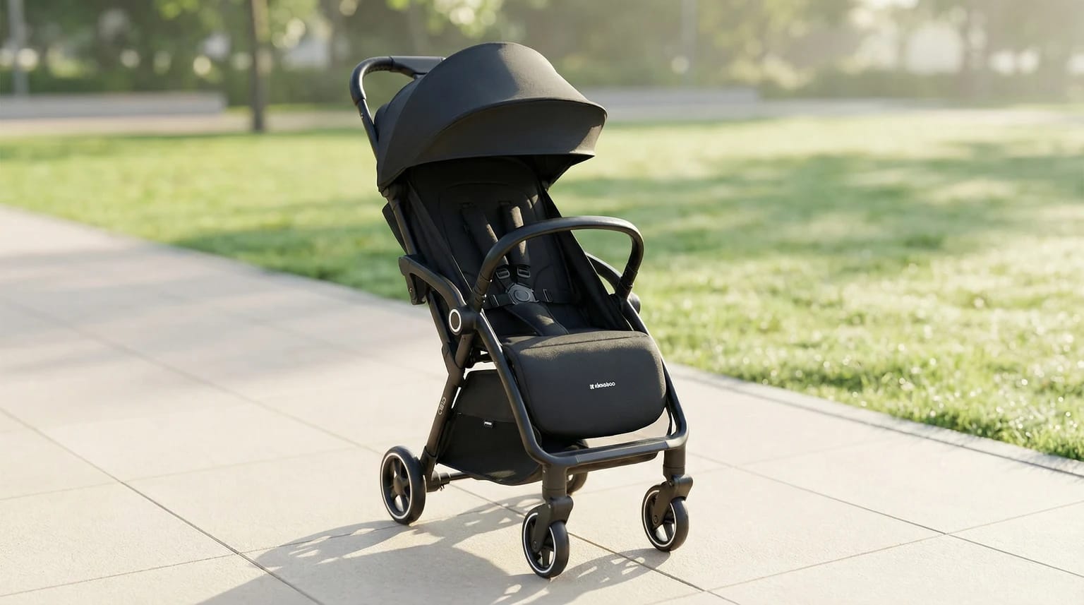 Carrinho de bebé KikkaBoo CIELA preto num passeio soalheiro e moderno, com um relvado verde e desfocado ao fundo.
