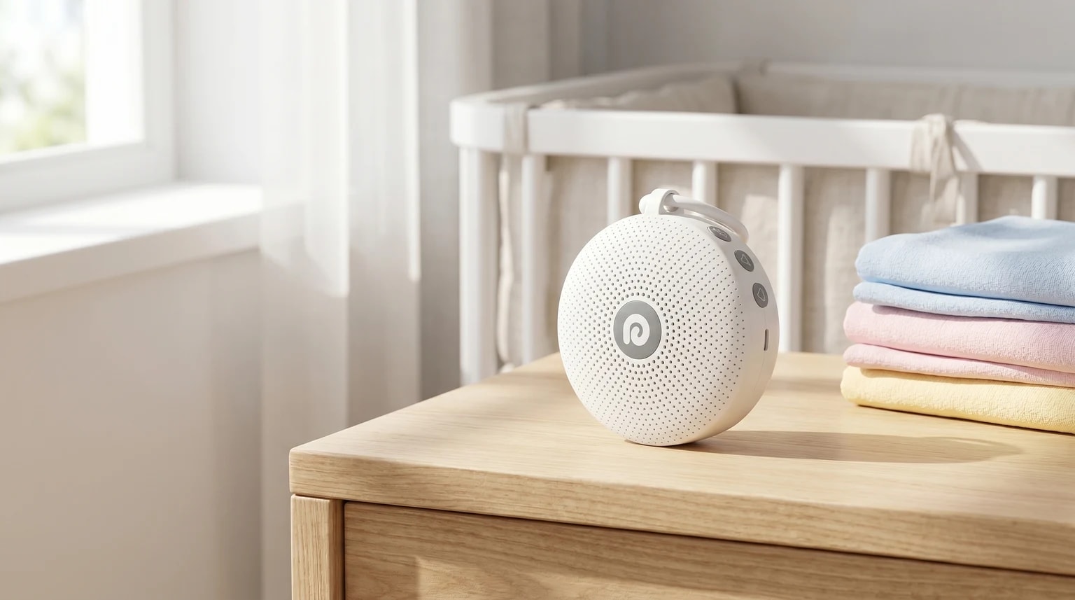 A portable white noise machine on a wooden chest of drawers in a sunlit nursery, next to a baby's cot and folded pastel cloths.