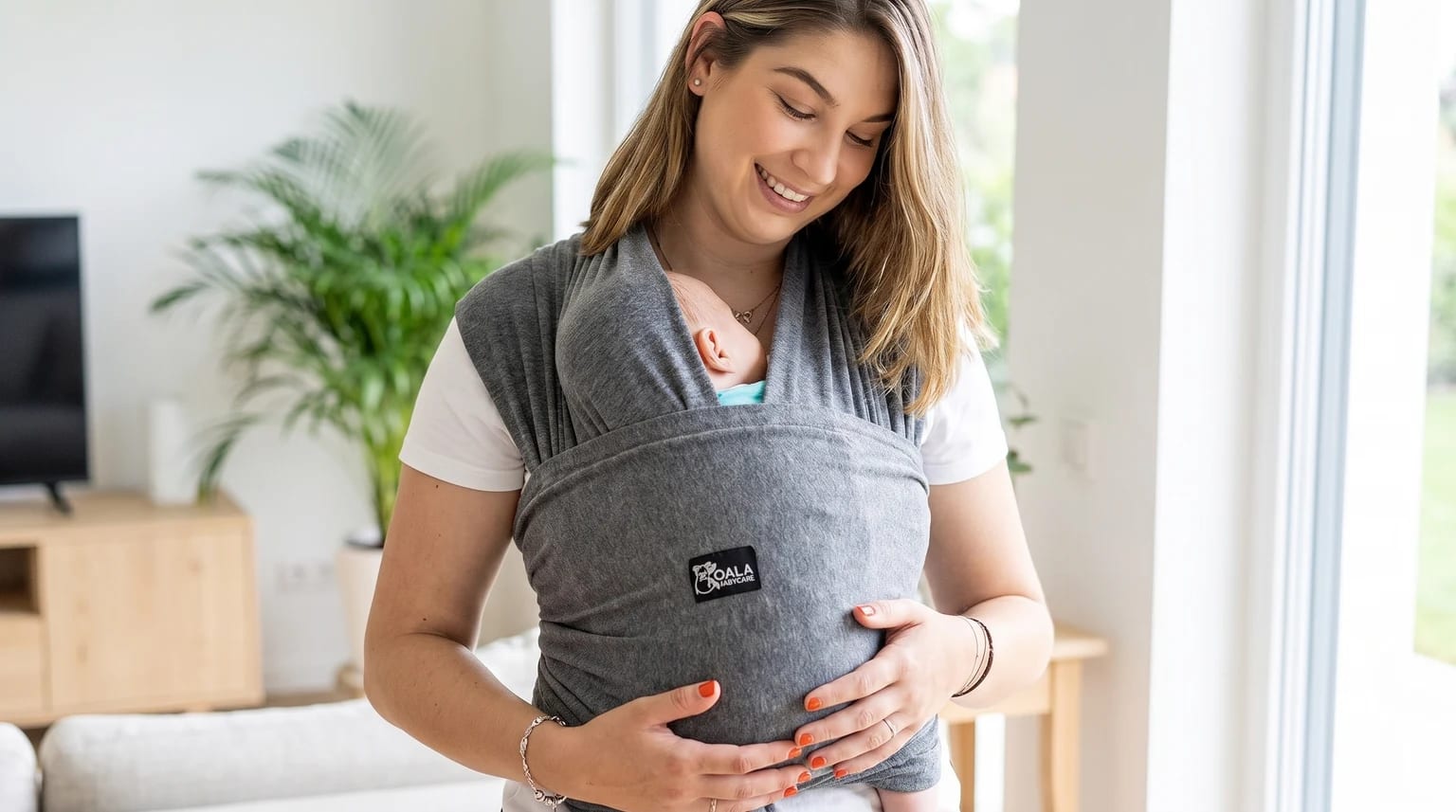 A smiling mother looks down at her newborn baby, sleeping peacefully against her chest in a soft grey baby sling.