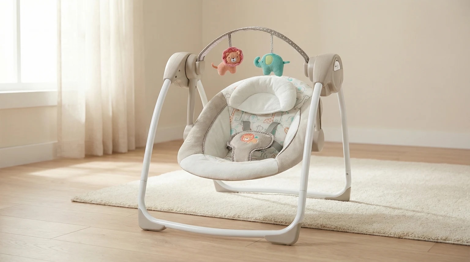 Balanço compacto para bebé da Ingenuity, em tons de bege e branco, num quarto de bebé moderno e luminoso com chão de madeira clara e luz natural suave.