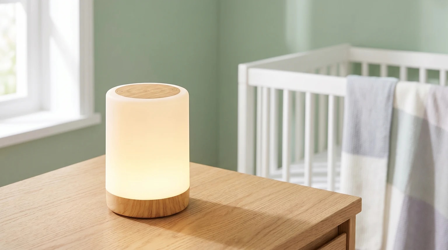 A cylindrical night light with a wooden base, casting a warm glow on a bedside table in a nursery next to a white baby's cot.
