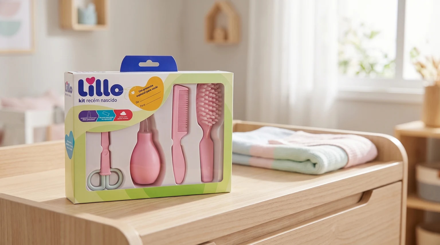 Kit de cuidados para recém-nascido da Lillo, na cor rosa, sobre um trocador de madeira em um quarto de bebê.
