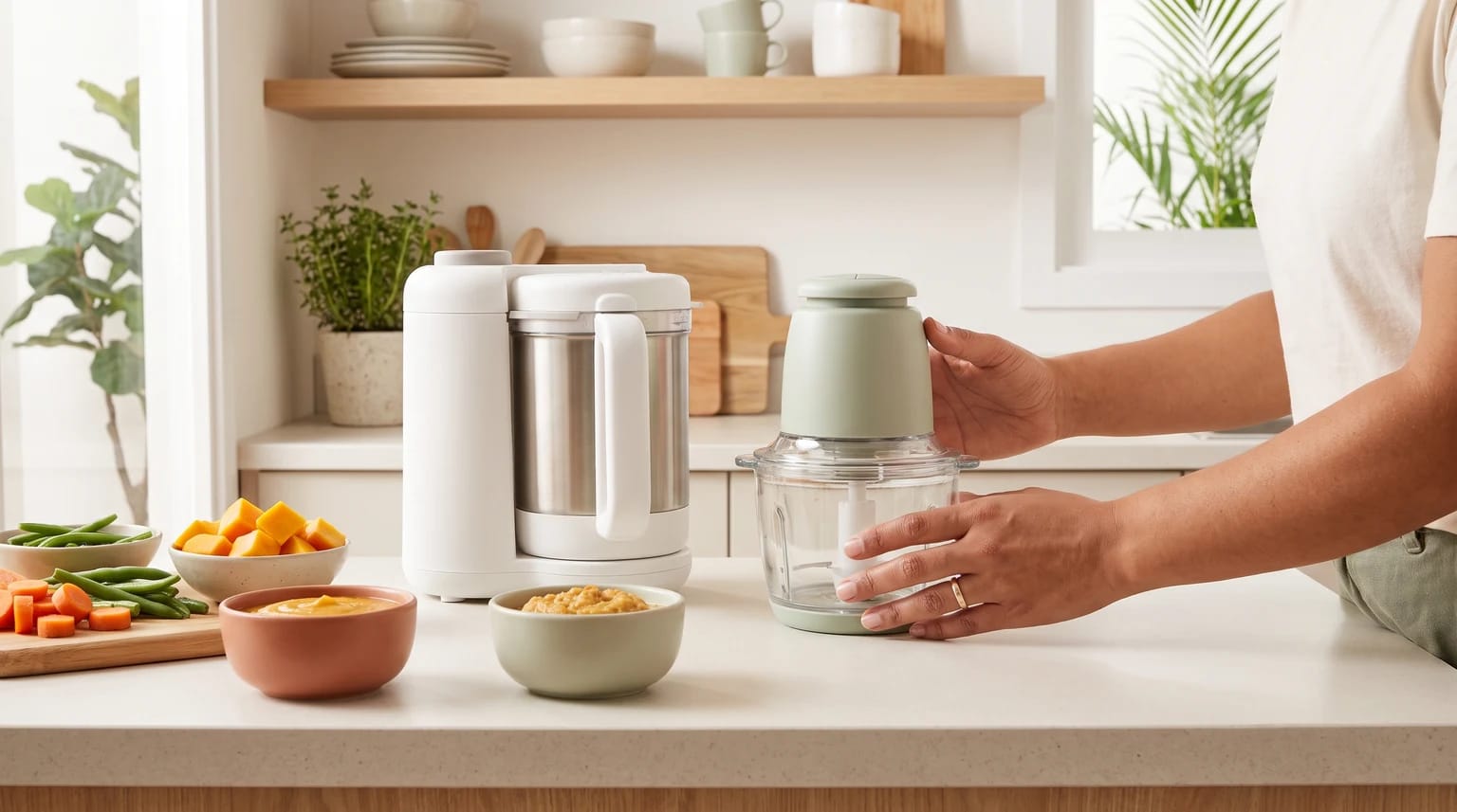 Pessoa usando um processador compacto ao lado de outro processador de alimentos, com legumes cortados e tigelas de papinha sobre a bancada.