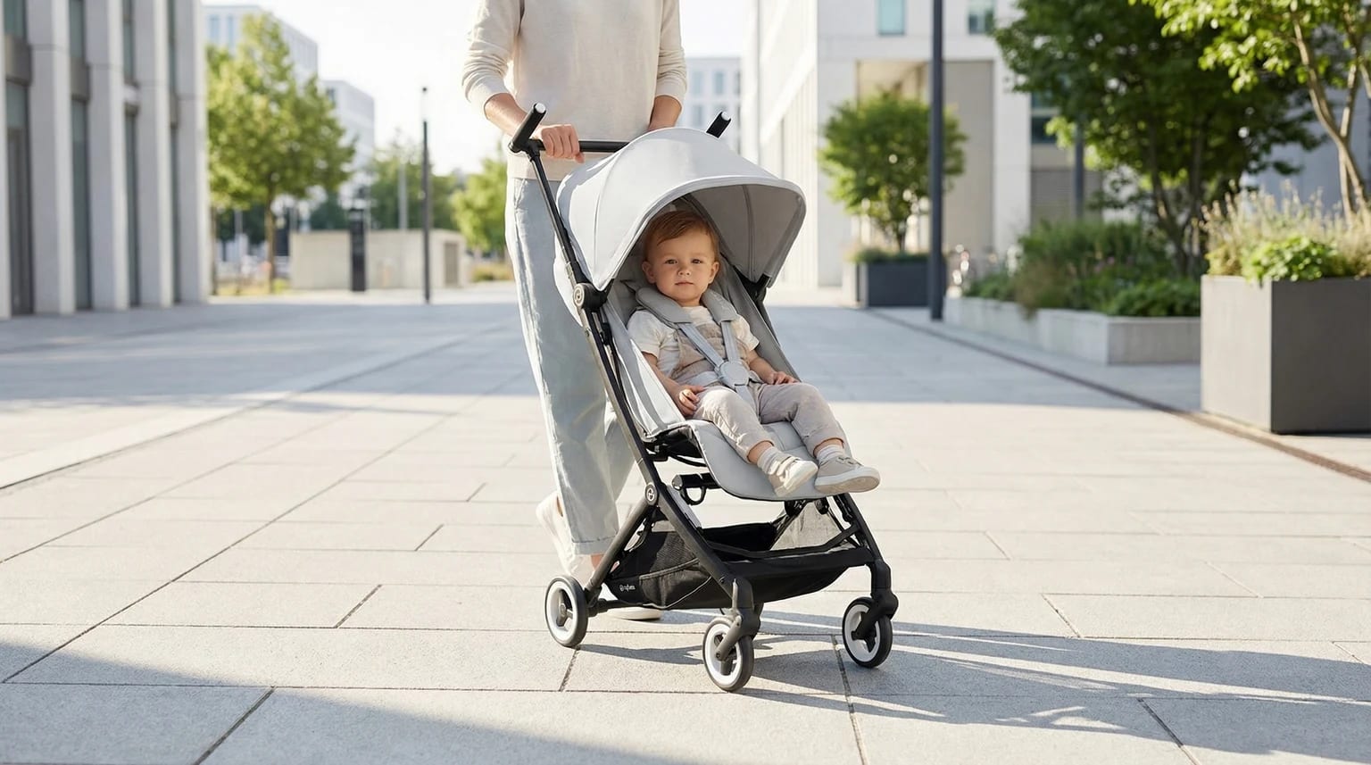 Carrinho de bebé CYBEX Libelle cinzento-claro e preto, com uma criança sentada, a ser empurrado por um dos pais numa calçada moderna e soalheira.