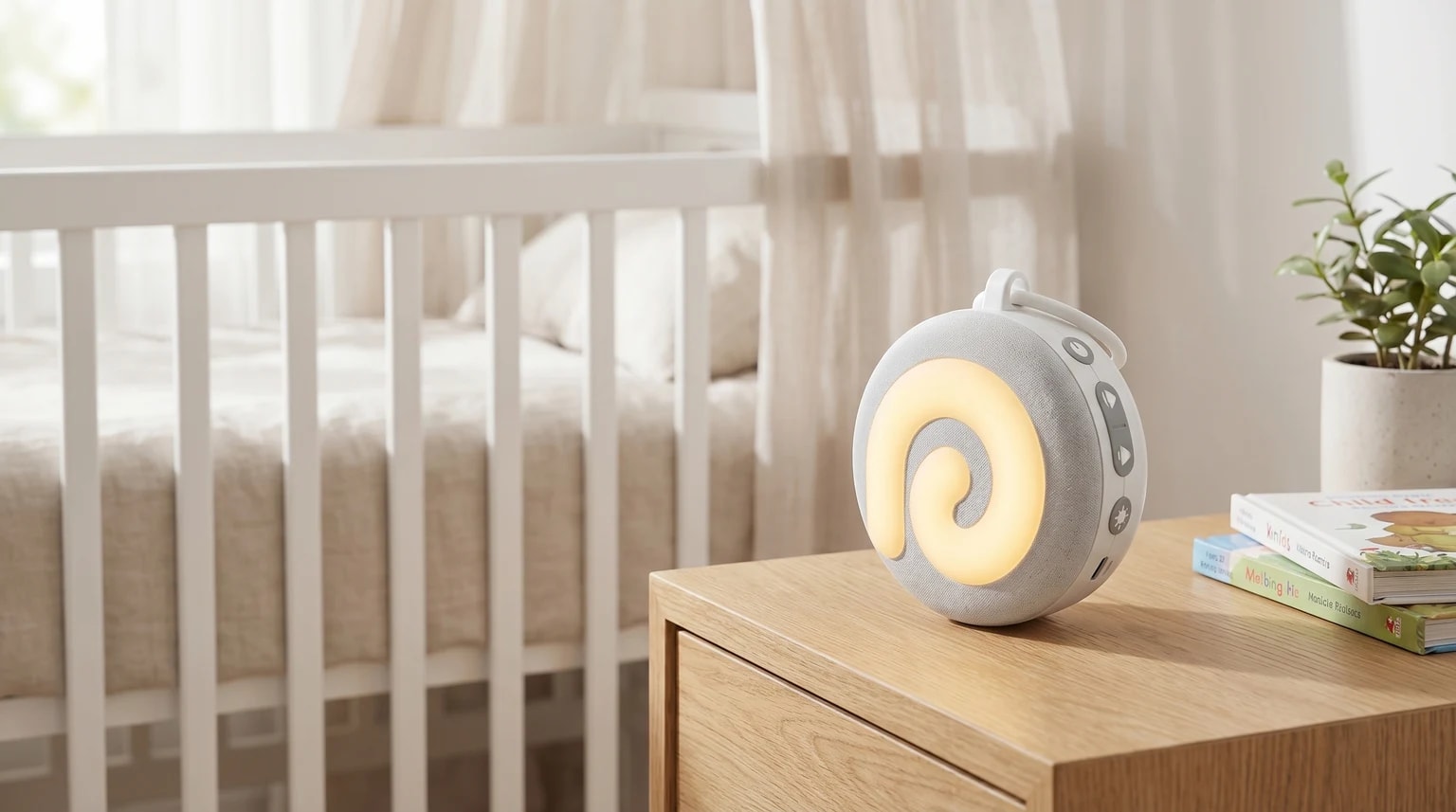 Máquina de ruído branco Dreamegg D11 acesa sobre uma mesa de cabeceira de madeira, em frente a um berço branco num quarto de bebé claro e tranquilo.