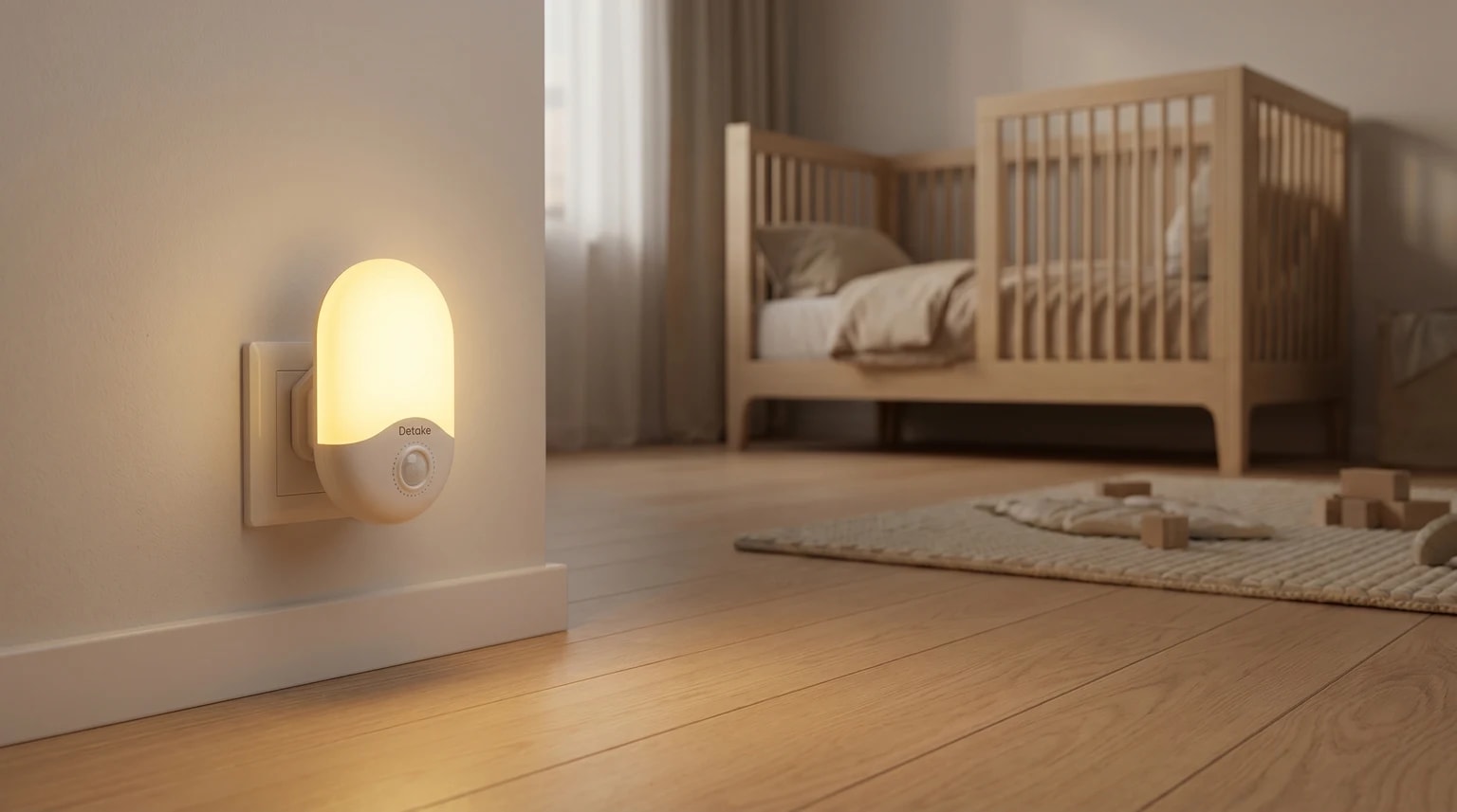 A plug-in night light casting a warm, gentle glow onto the wooden floor of a nursery, with a cot in the background.