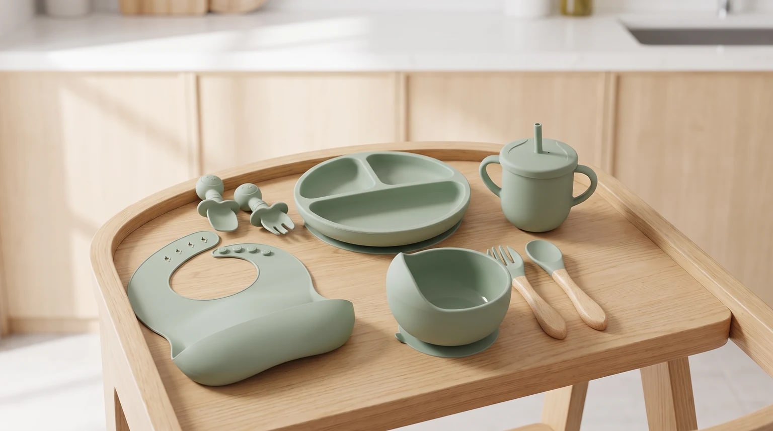 Kit de introdução alimentar verde-sálvia, com babador, prato, tigela, copo, talheres de silicone e talheres com cabo de madeira sobre uma bandeja de alimentação.