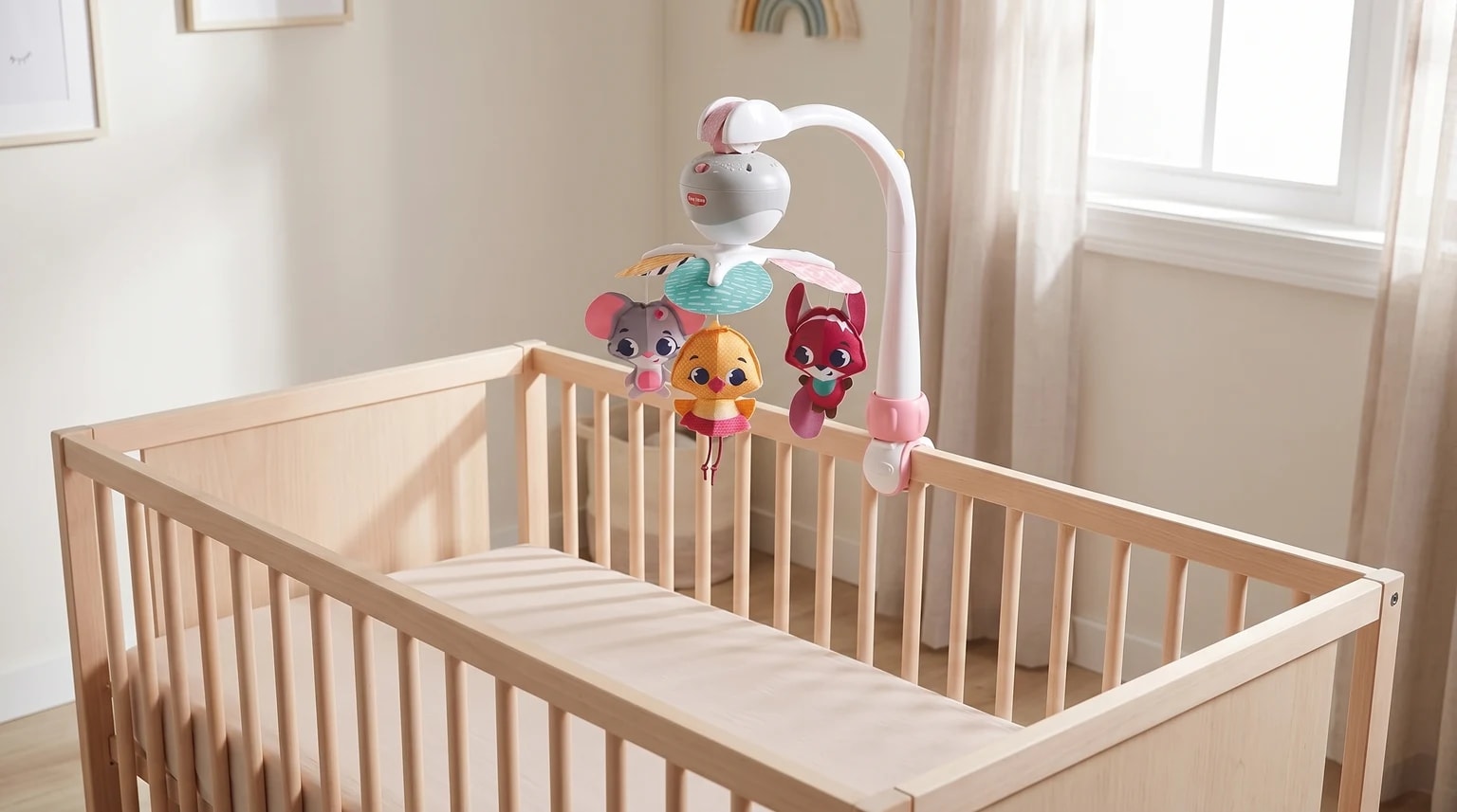 Móbile portátil Tiny Love instalado na lateral de um berço claro, com três bonecos de animais suspensos num quarto luminoso.