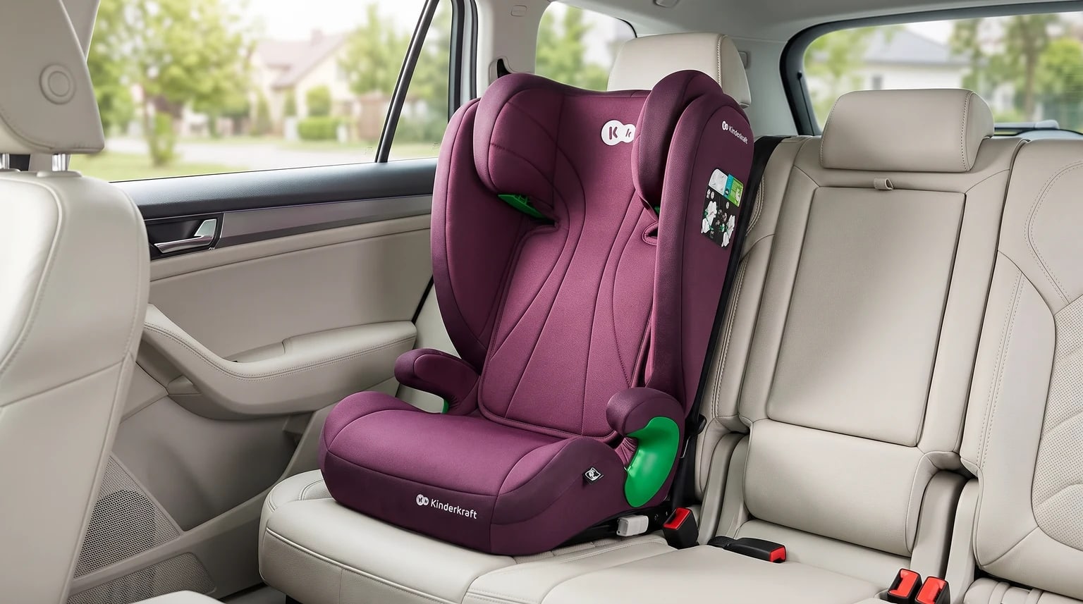 A deep purple Kinderkraft high-back booster seat fitted onto the light cream back seat of a car.