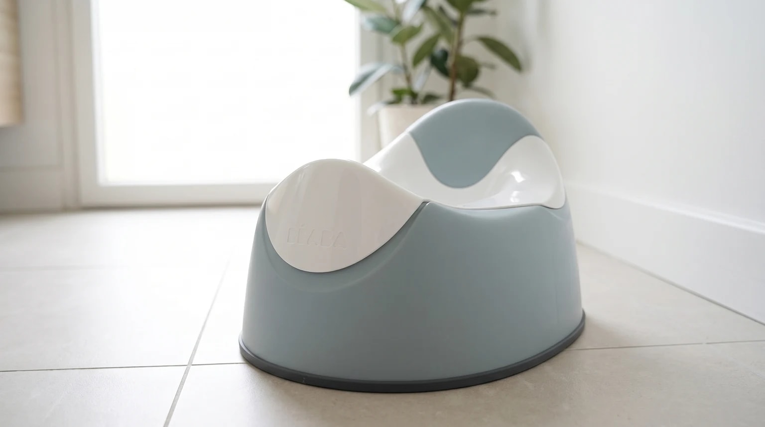 Bacio ergonómico BÉABA em cinza-azulado e branco, pousado no chão de uma casa de banho moderna e luminosa.