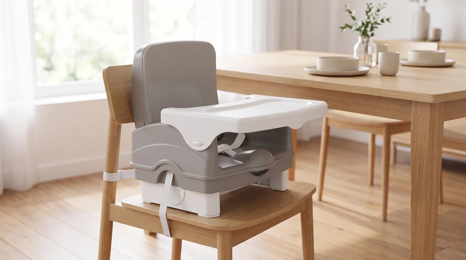 Cadeirinha portátil Cosco Smart cinza, com bandeja branca, presa a uma cadeira de jantar de madeira.