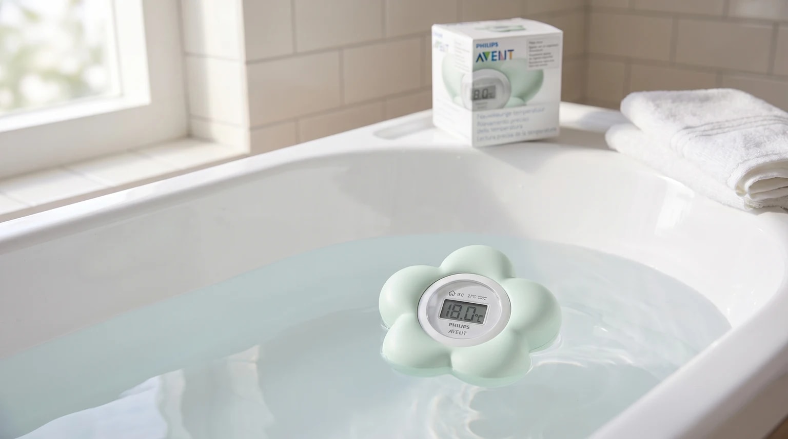 Termómetro digital Philips Avent em forma de flor a flutuar na água calma de uma banheira de bebé, numa casa de banho clara e luminosa.