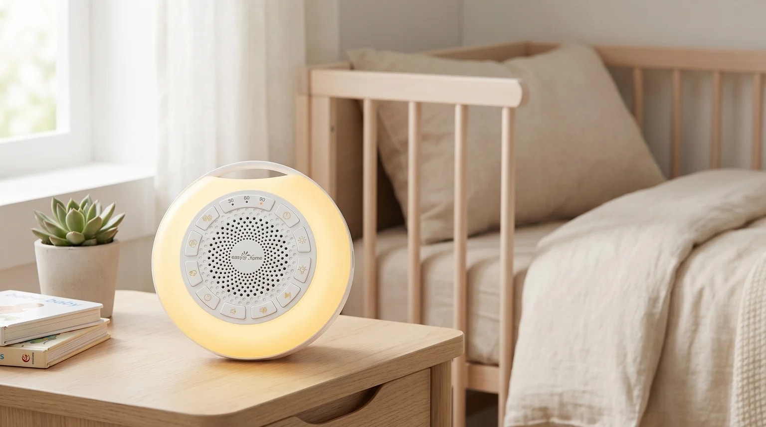 Máquina de ruído branco Easy@Home acesa sobre uma mesa de cabeceira de madeira clara, ao lado de um berço num quarto de bebé calmo e luminoso.