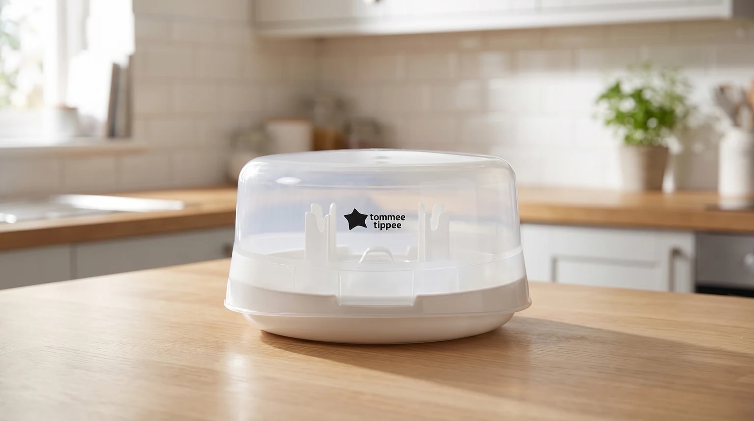 A Tommee Tippee microwave steam steriliser with its clear lid on, sitting on a wooden kitchen worktop.